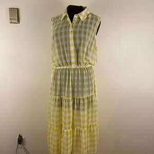 Nanette Lepore Sheer Yellow Gingham Tiered Midi Dress Elastic Waist & Tie